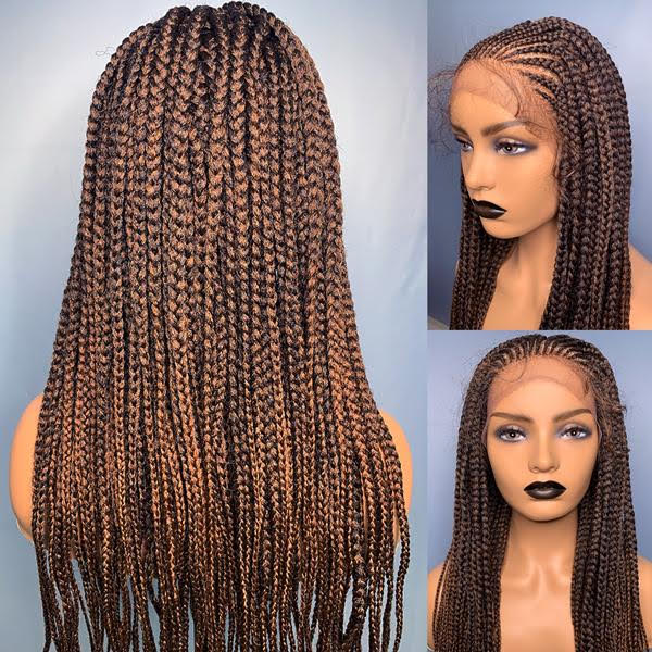 Fully Hand Braided box braids on lace cornrow wig Dark brown/Gray